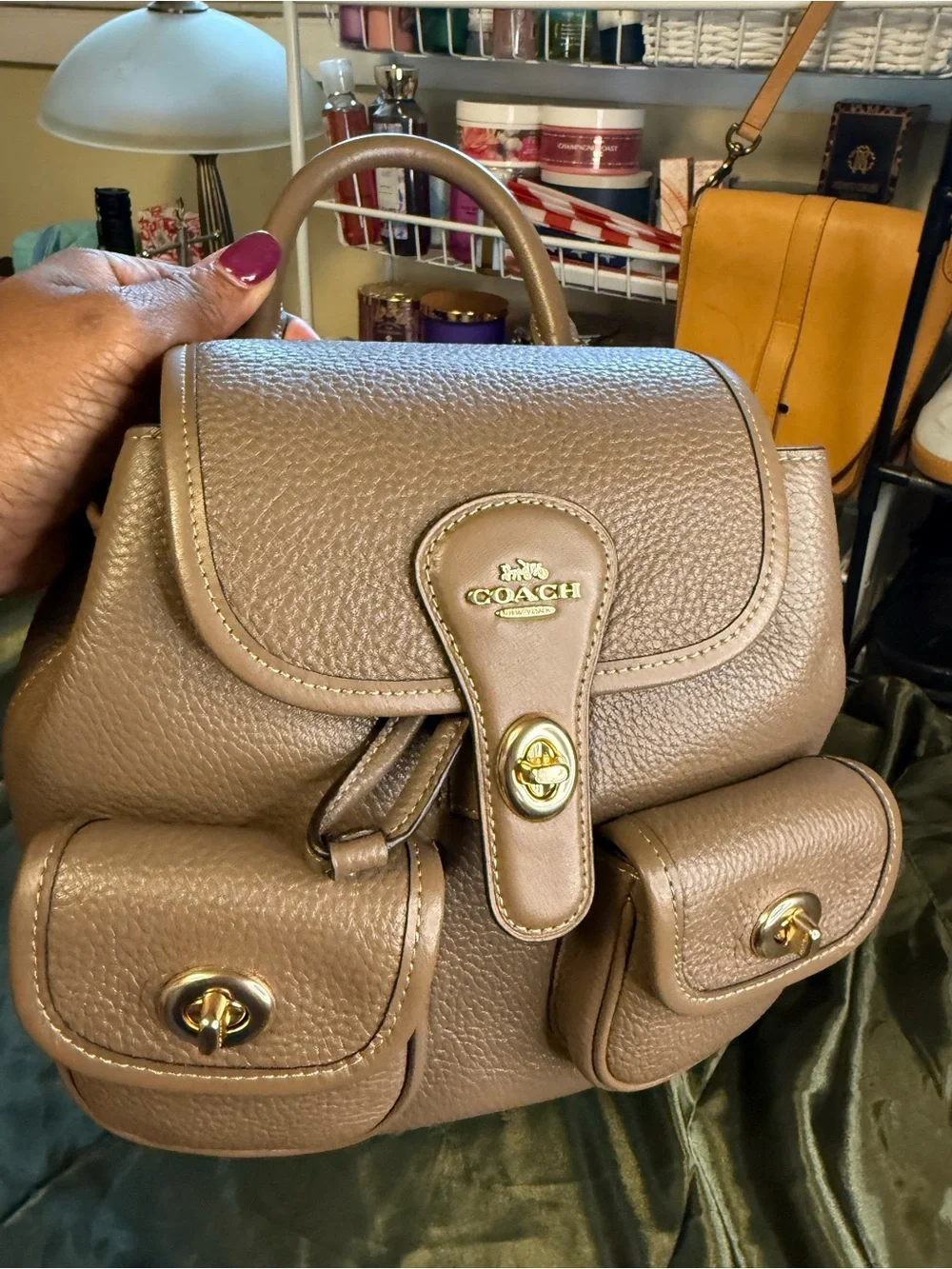 Coach Taupe Pebble Leather Mini Backpack with Gold Hardware
